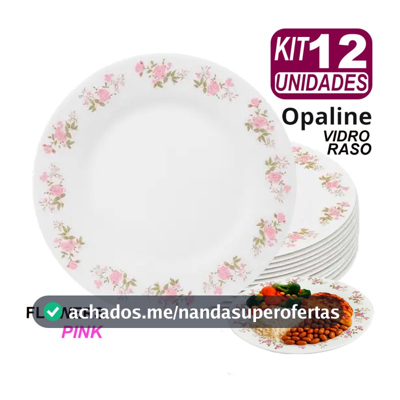 Kit Jogo 04/06/12 Pratos Rasos de Vidro Decorado Branco Flowers Pink 25,5cm Opaline Restaurante