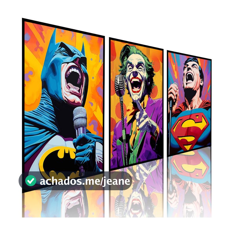 Kit 3 Quadros Decorativos Batman Coringa e Superman Quarto Geek