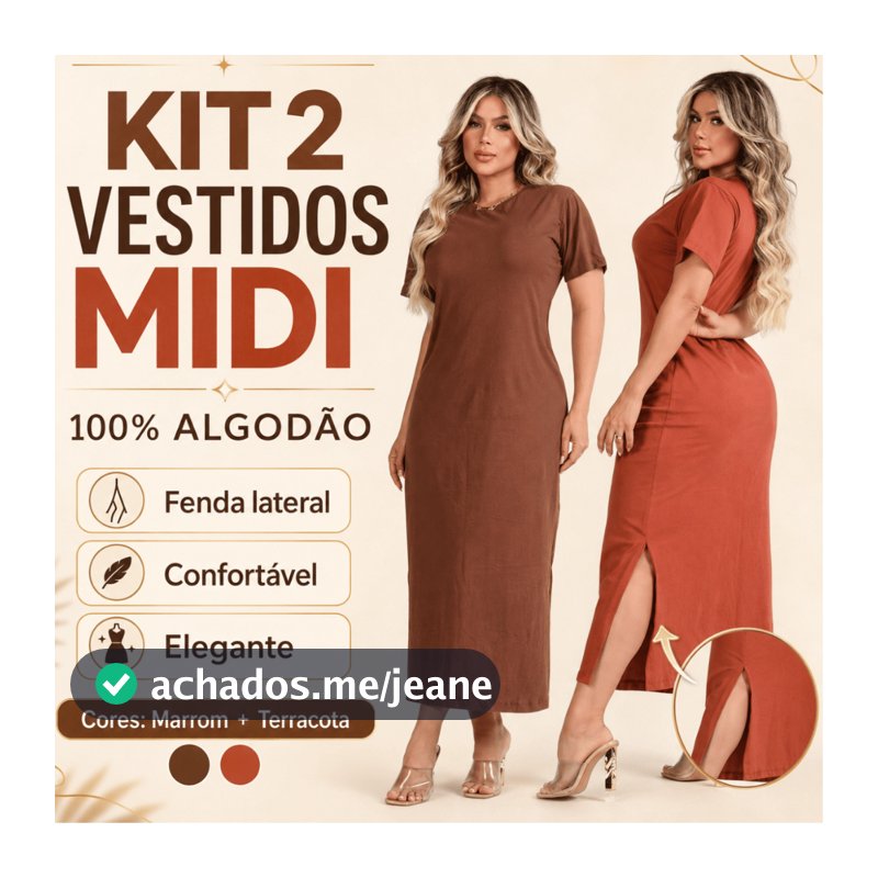 Kit 2 Vestido Feminino Fenda Lateral Elegante 100% Algodão Manga Curta Social Trabalho