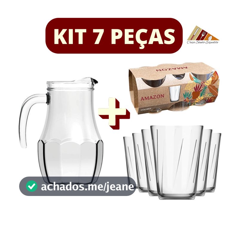 Conjunto 7 Pçs - Jogo 6 Copos Amazonas 190ML Nadir Figuereido e 1 Jarra Bar Vidro Tango 1,5L