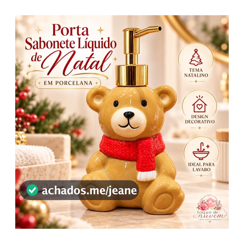 Porta Sabonete Líquido Natalino Ursinho Porcelana 18,5cm Dispenser Banheiro Lavabo Presente de Natal