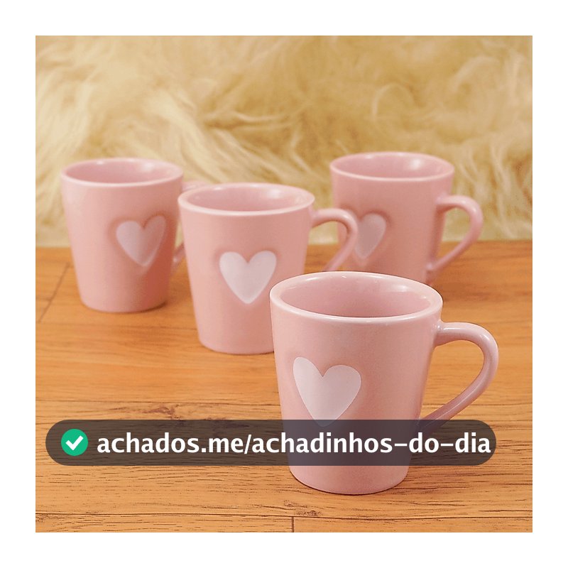 Kit 4 Xicaras Canecas Chá Café Porcelana 120 ml Rosa Coração Relevo Branco