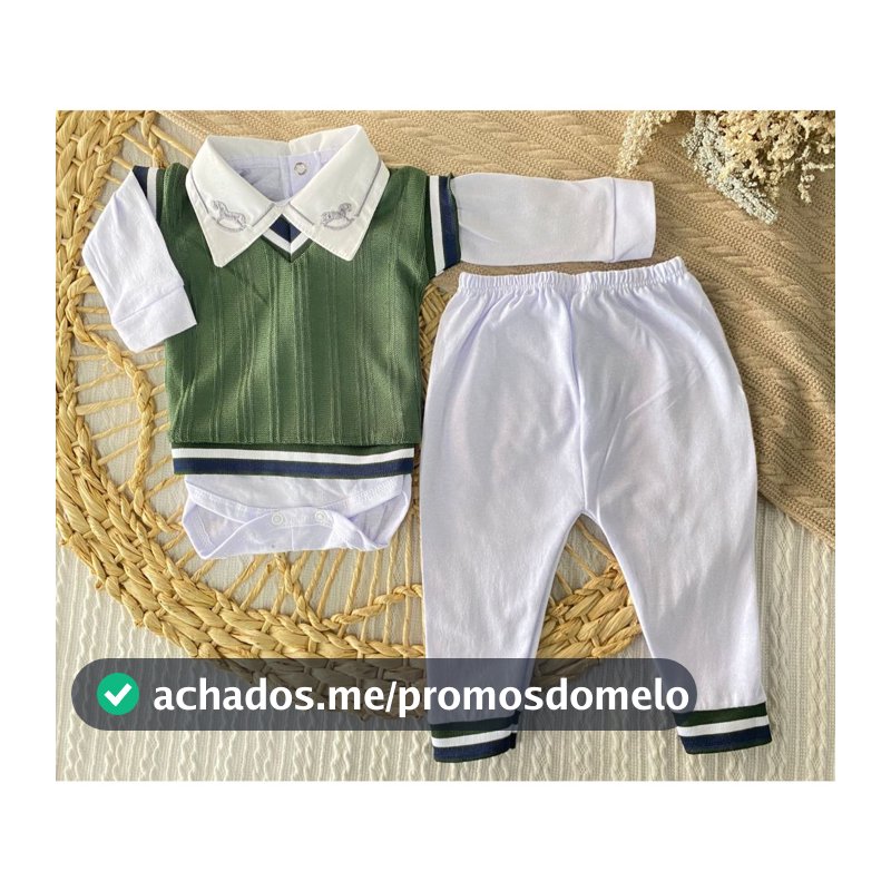 Conjunto Bebê Maternidade Body Bordado Gola Colete em Tricô Mijão Malha Macio