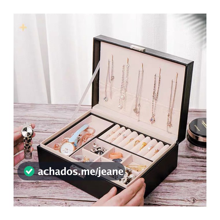 Caixa Organizadora De Jóias Feminina Em Couro Com Duas Camadas/Anéis/Colar Fecho