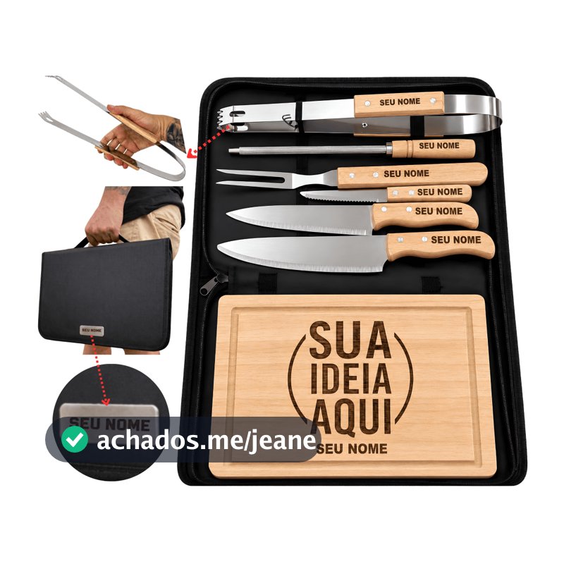 Kit Churrasco 9 peças Personalizado Estojo Tábua Faca Garfo Nome Time Logo