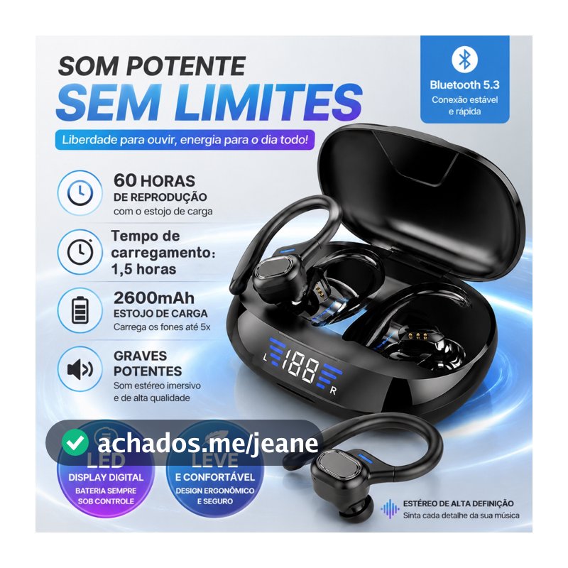 Fone de Ouvido Bluetooth 5.3 TWS com LED Digital, 60h de Bateria, Graves Potentes, Estojo 2600mAh, Som Estéreo