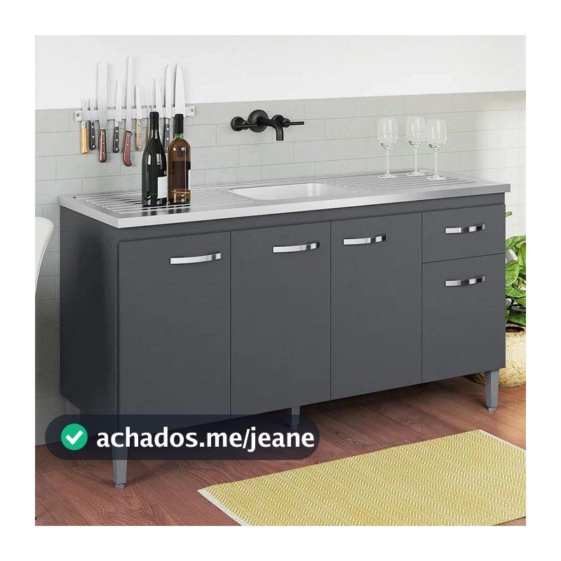 Balcão Gabinete Com Pia Inox 150cm 4 Portas e 1 Gaveta Gabriela Cinza - AJL Móveis