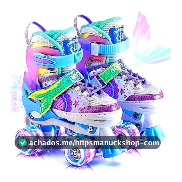 Patins Infantil Sereia 4 Rodas Com Luz De Led Top Patins +Kit Proteção e Sem Kit Proteção Menina Menino Promoção