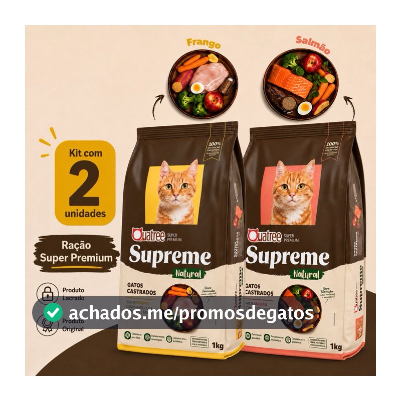 Kit com 2 Ração para Gatos Quatree Supreme Ração Gatos Castrados 1kg  Controle de Pelo Nova Formula