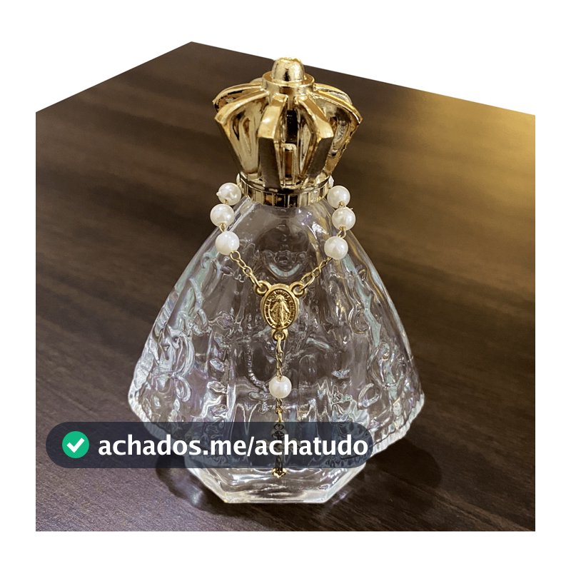 Kit 20 Frascos N. Sra Aparecida 60ml + 20 Mini Terços Pérola/Dourado – Lembrancinhas Religiosas