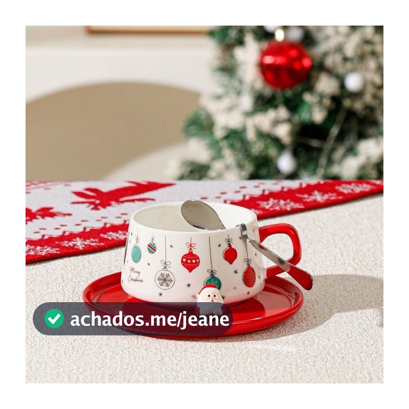 XÍCARA DE NATAL EM CERÂMICA 250ML COM PIRES E COLHER PAPAI NOEL NATALINA 3 PEÇAS