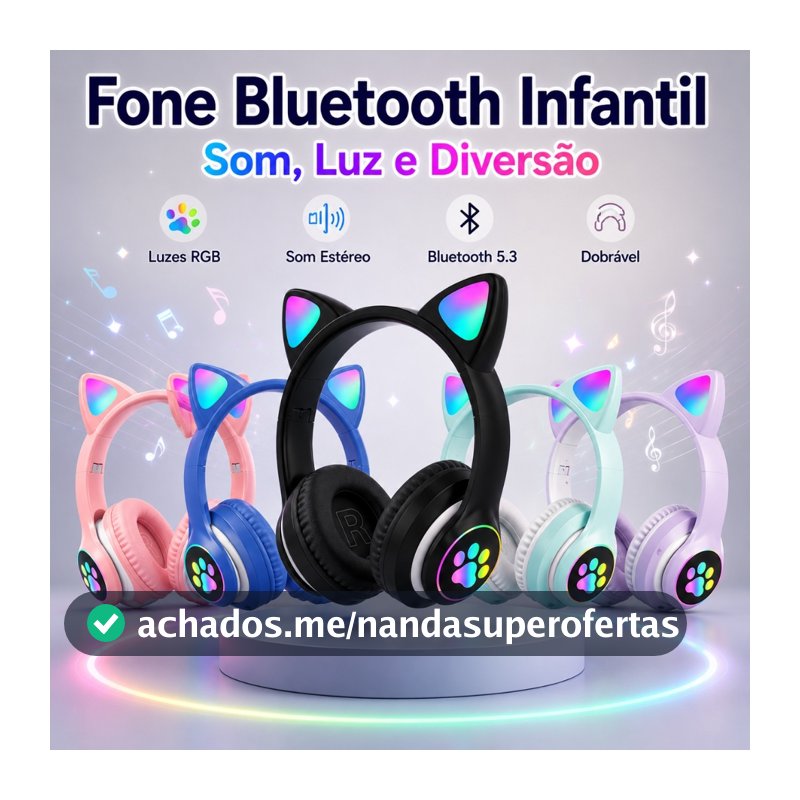 Headphone Bluetooth Orelha de Gato Infantil LED RGB Sem Fio Fone Gatinho