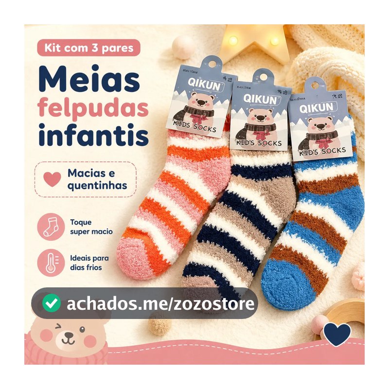 Kit 3 Pares Meias Infantil Felpuda Quentinha Inverno Termica