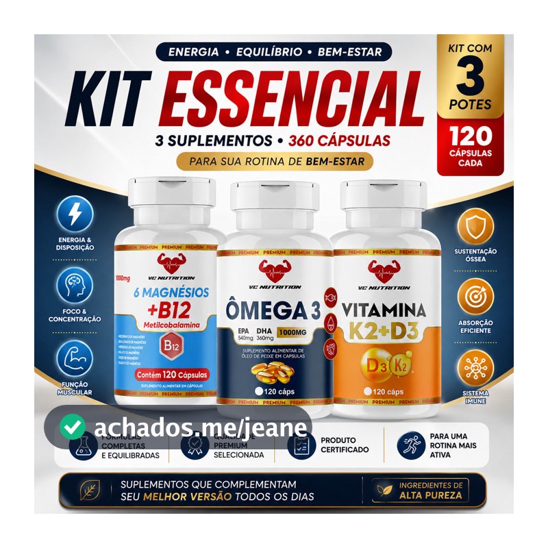 Kit Suplementos Ômega 3 EPA DHA Vitamina D3 K2 MK7 Magnésio B12 Metilcobalamina 120 Cápsulas VC Nutrition