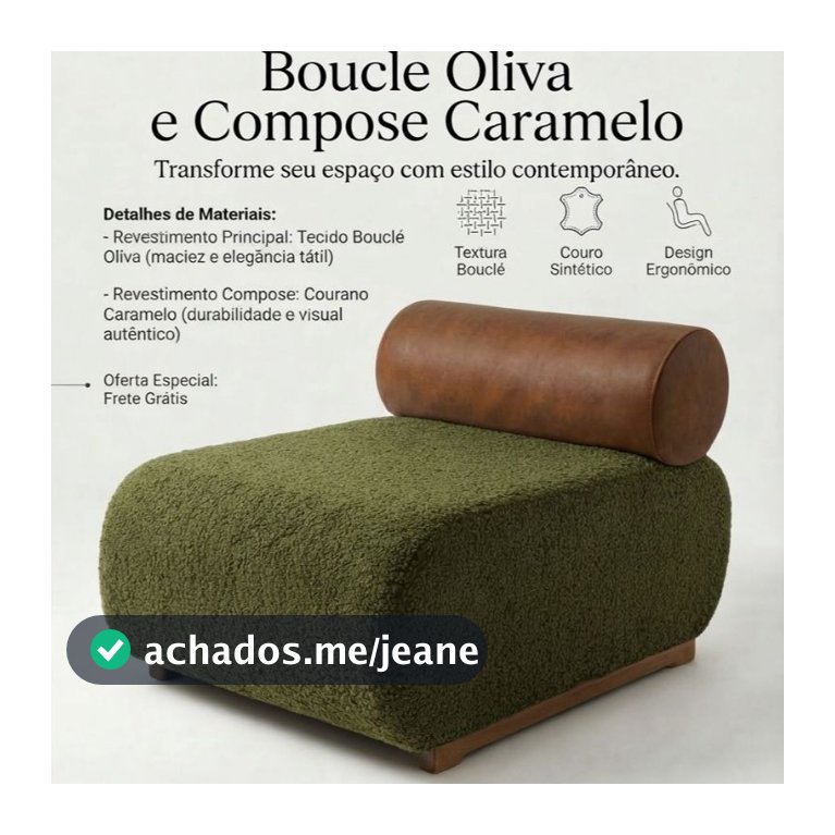 Puff Elysium Bouclé Verde Oliva com Encosto em Corano Caramelo | Puff Decorativo Premium