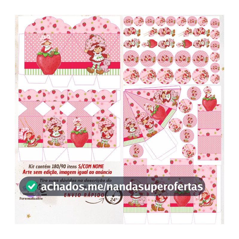 KIT COM 180/90 ITENS LEMBRANCINHAS S/COM NOME TEMA: MORANGUINHO ANOS 80 (Envio Rápido)