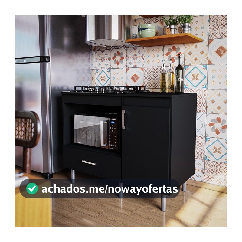Balcão Para Cozinha Cooktop 1,05m 5 Bocas 1 Nicho Com 1 Porta E Gaveta Turim Preto - Lojas Movelove