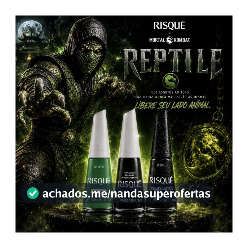 Kit Reptile Mortal Kombat 3 Esmaltes Risqué Verde Esmeralda Preto Sépia e Preto Glitter