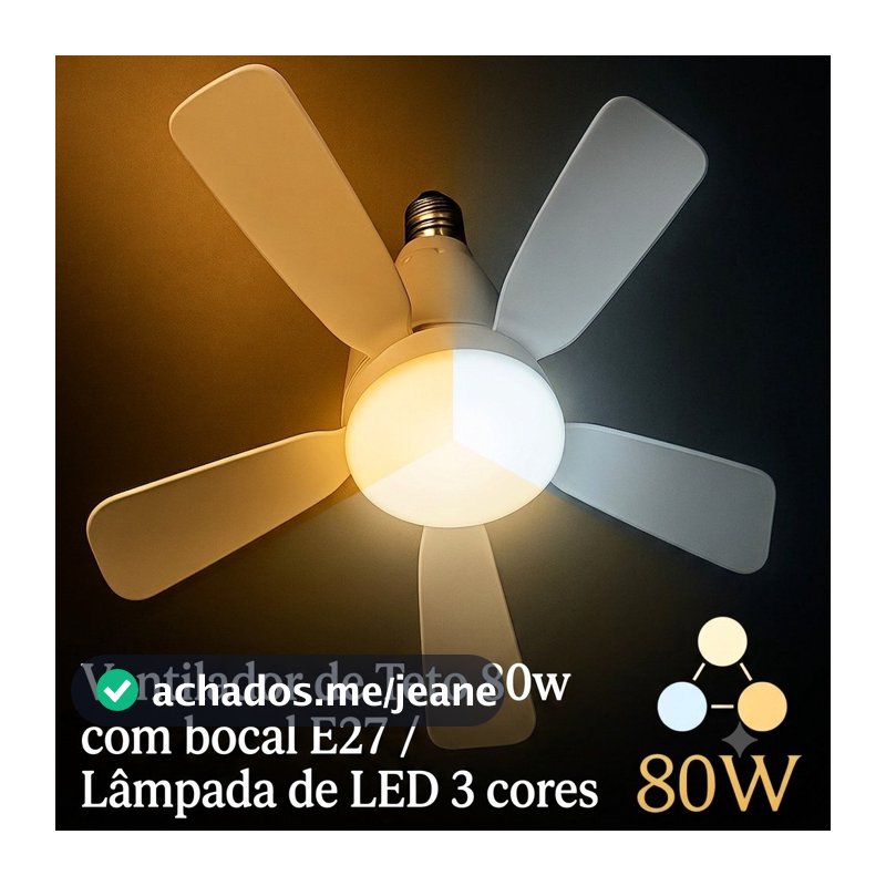 Ventilador Turbo de Teto Silencioso Oval 80w 5 Pás LED 3 Cores E27 Controle Função Timing Bivolt