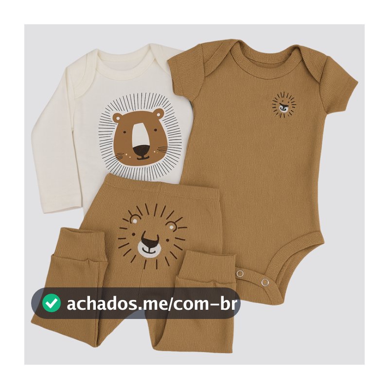Conjunto Bebê Menino Algodão 3 Peças – Body longo Estampado + Body curto Bordado + Calça Bordado