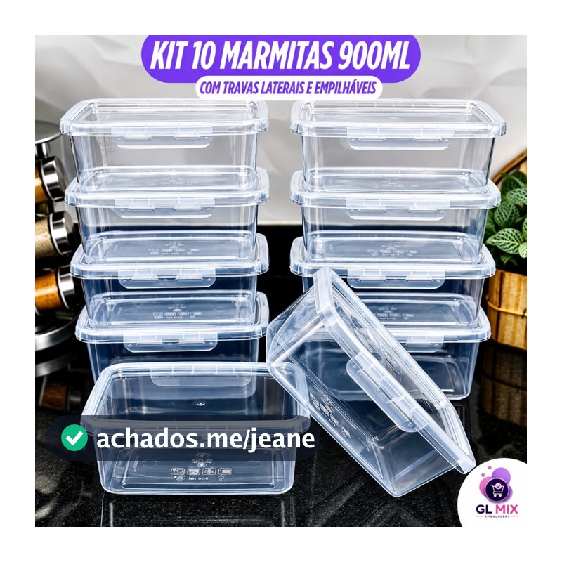 Kit 10 Marmita 900ml - Travas Hermética Premium BPA FREE Alta Vedação Freezer Microondas Lava Louças