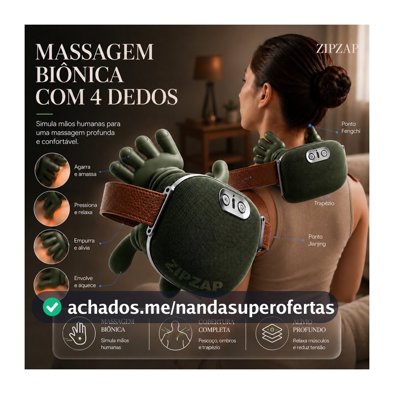 Massageador Elétrico Pescoço e Ombros 4 Dedos com Aquecimento Sem Fio ZIPZAP