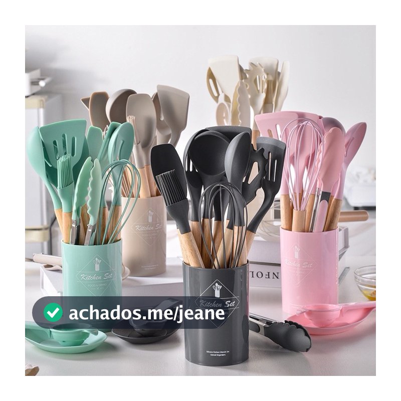 Jogo de Cozinha Kit com 12 Peças de Silicone, Utensílios e Copo Suporte para Cozinha Cabo de Madeira