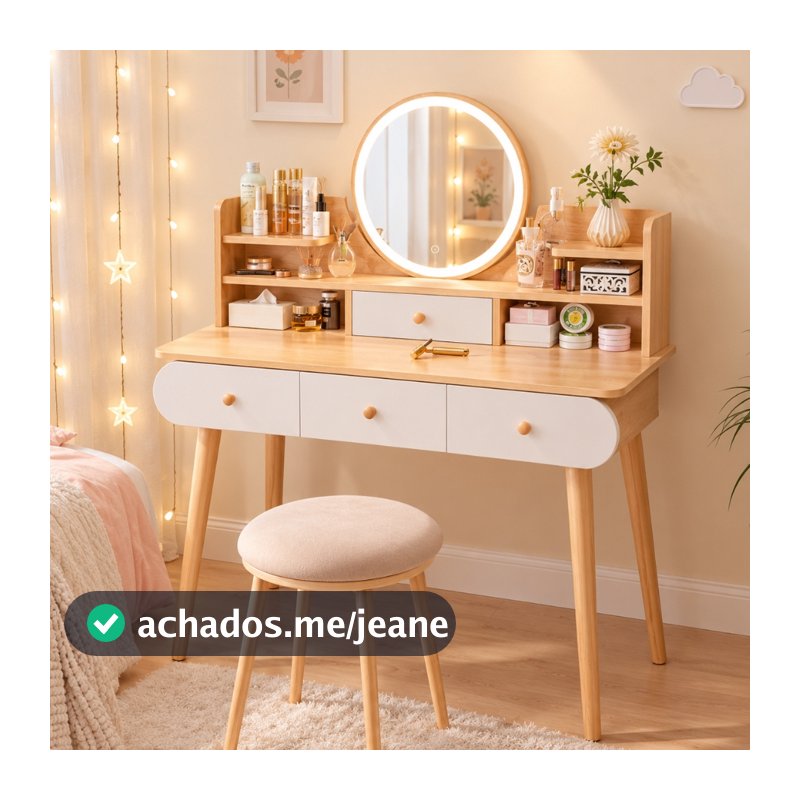 Penteadeira de quarto com 4 gavetas Mesa de maquiagem multifuncional LED Cor da madeira Yesop