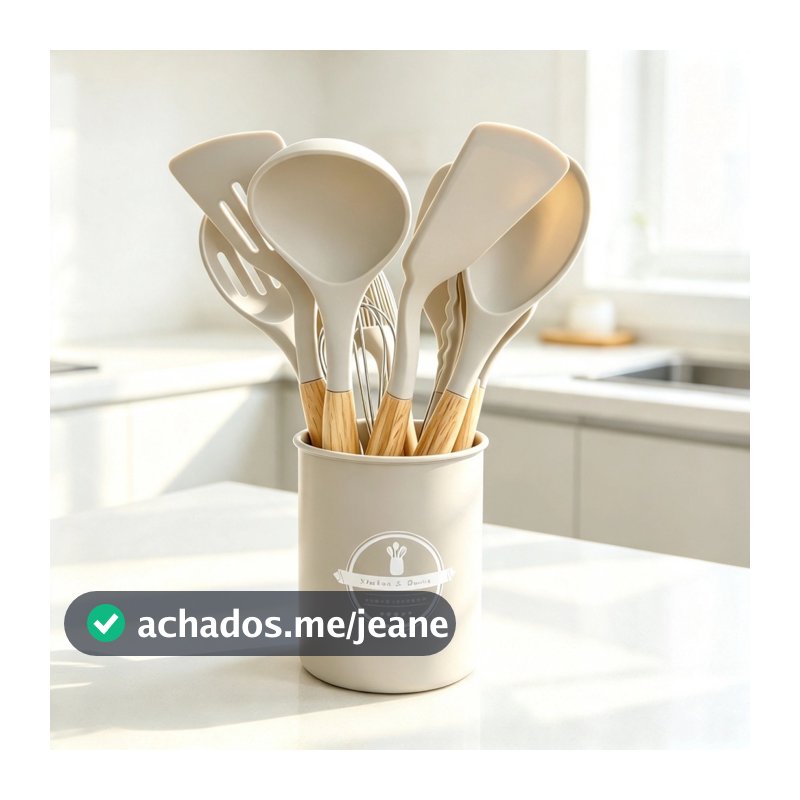 Kit 12 Utensílios de Cozinha Silicone Alimentício Cabo de Madeira 800g Antiaderente com Porta-Utensílios