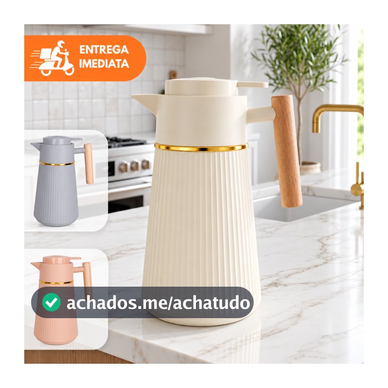 Garrafa Térmica Nórdica Berlim Café 1L Cabo De Madeira Luxo Mesa Posta Canelado Dourado
