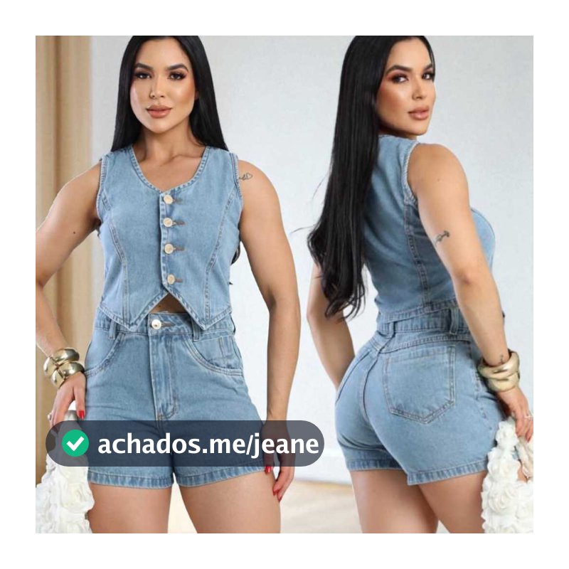 Conjunto Jeans Feminino Short e Cropped com Botão