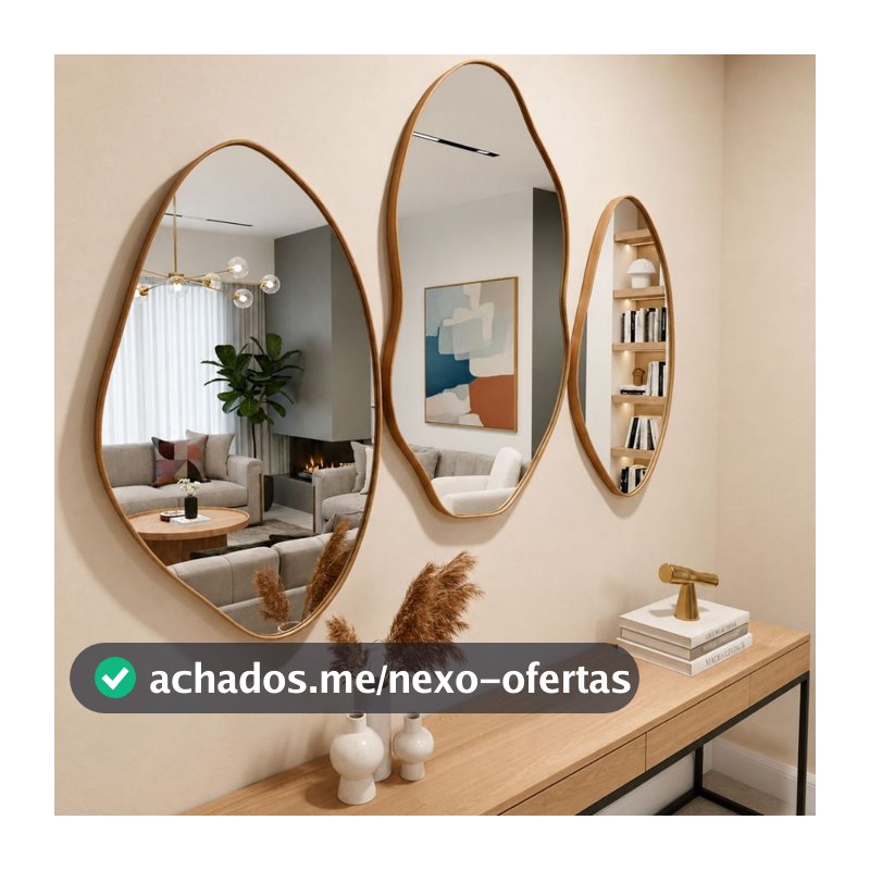 Kit 3 Espelhos Orgânicos Decorativos Parede 60x40 e 70x50 Moldura Couro Reforçado + Suporte Sala Quarto Banheiro