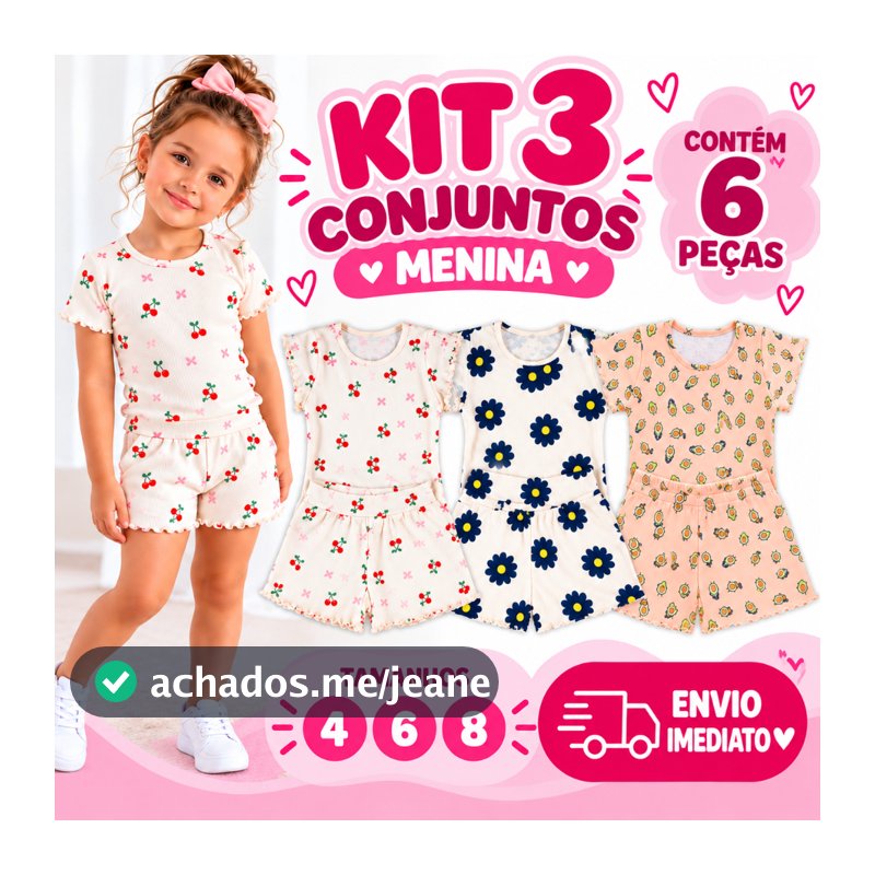 Kit 6 Peças Infantil Menina Ribana Canelado Blusa + Shorts  Verão 4,6,8