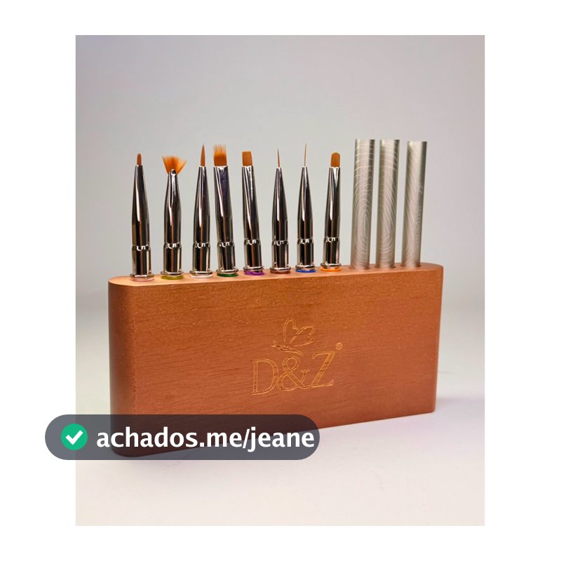 Kit 8 Pincéis Profissionais Nail Art D&Z Elite para Unhas Gel Fibra Alongamento Decoração Detalhes + Suporte Madeira