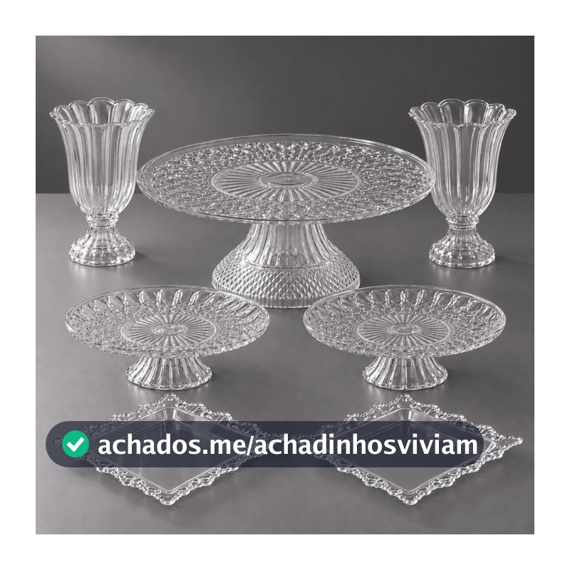 Kit Festa 7 Peças Transparente Boleira 30cm 2 Suportes de Doces 2 Bandejas 2 Vasos Decoração Aniversário