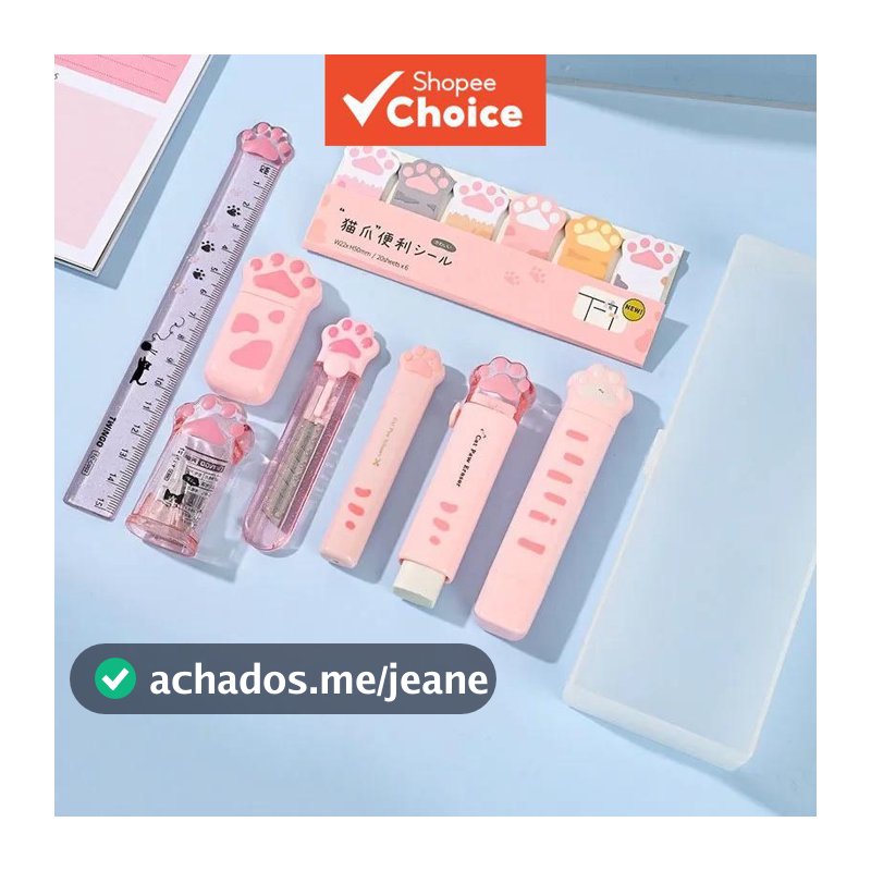 Conjunto de Papelaria Temático de Pata de Gato com 8 Peças para Presente Escolar
