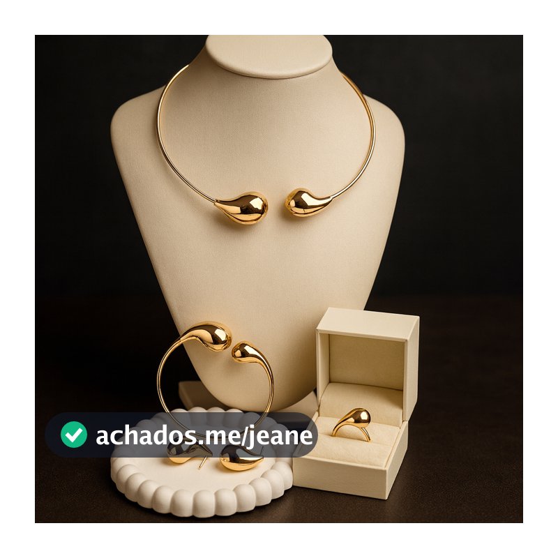 Conjunto Gota Pingo Colar Bracelete Anel Brinco Médio Dourado ou Prata Acessórios Femininos Brincos