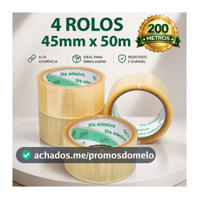 Kit 4 Fita Adesiva 50 Metros Transparente Durex Larga 45mm x 50m, para Embalar Caixa Empacotamento