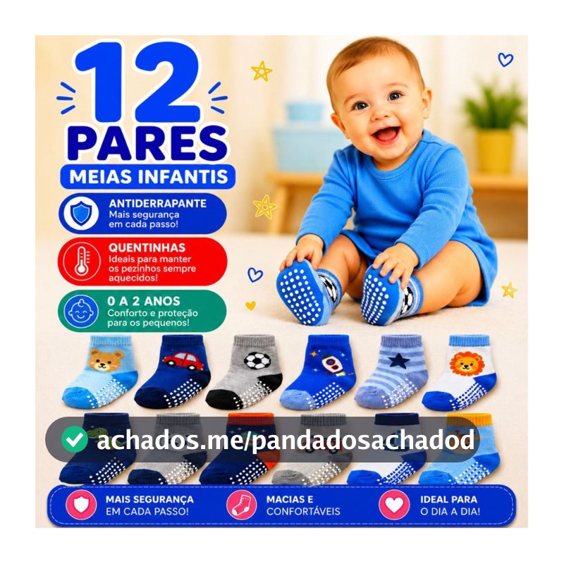 Kit 12 Pares de Meias Bebê Menino Antiderrapantes Algodão Confortáveis 0–24 Meses Infantil
