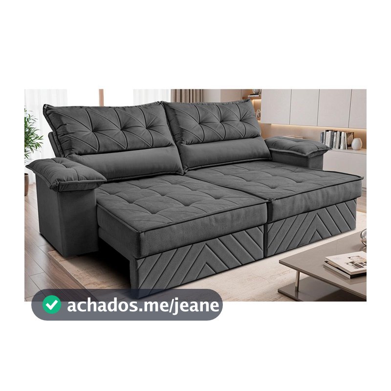 Sofá Retrátil e Reclinável 3,00m com Molas e Espuma D33 Thunder Velusoft Cinza Cama inBox