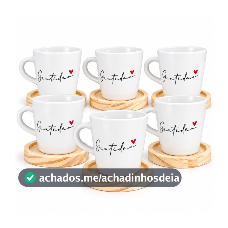 Kit 6 Xicaras / Canecas Porcelana Branco 120ml C/ Pires De Madeira Redondo Gratidão Spot