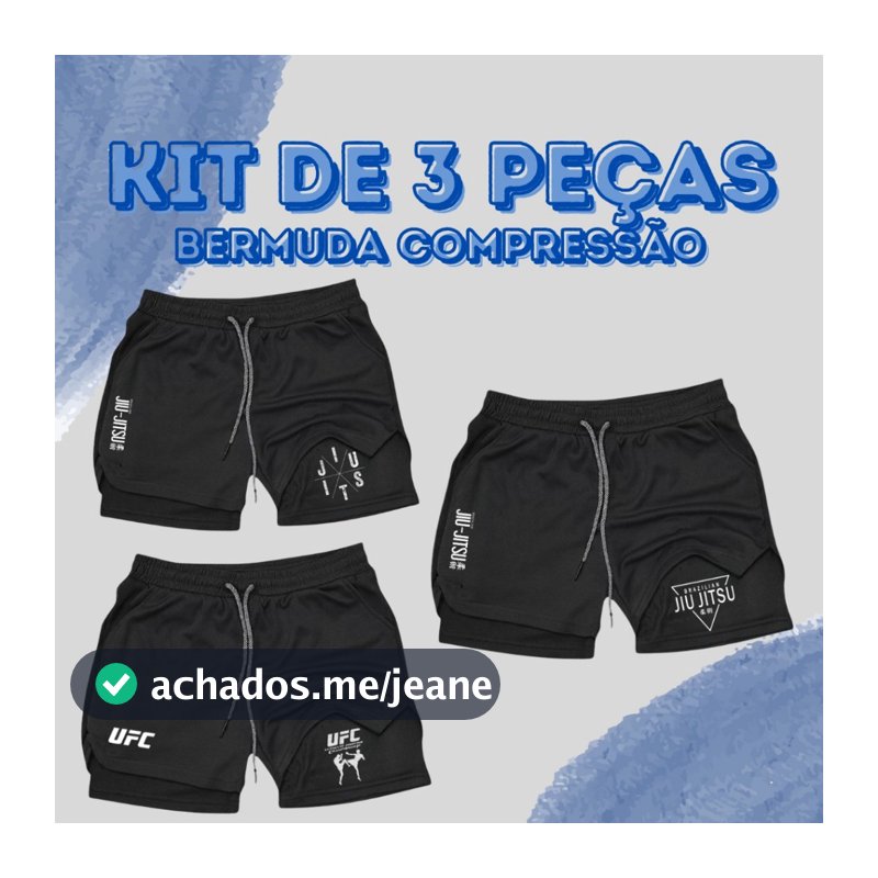 Kit 3 Bermudas Shorts De Compressão 2 Em 1 Dry Fit Com Elastano UFC + JIUJITSU Ideal Para Treinos, Academia