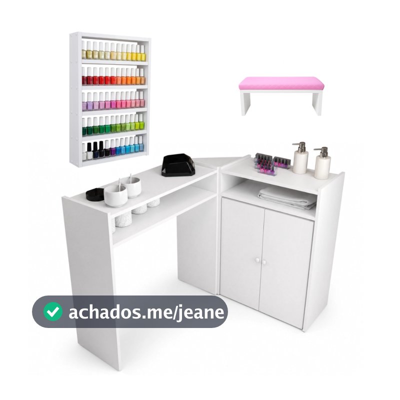 Mesa Manicure Em L Com 2 Portas Salão Spa Branco Completo Moderno + Esmalteira + Apoio De Mãos