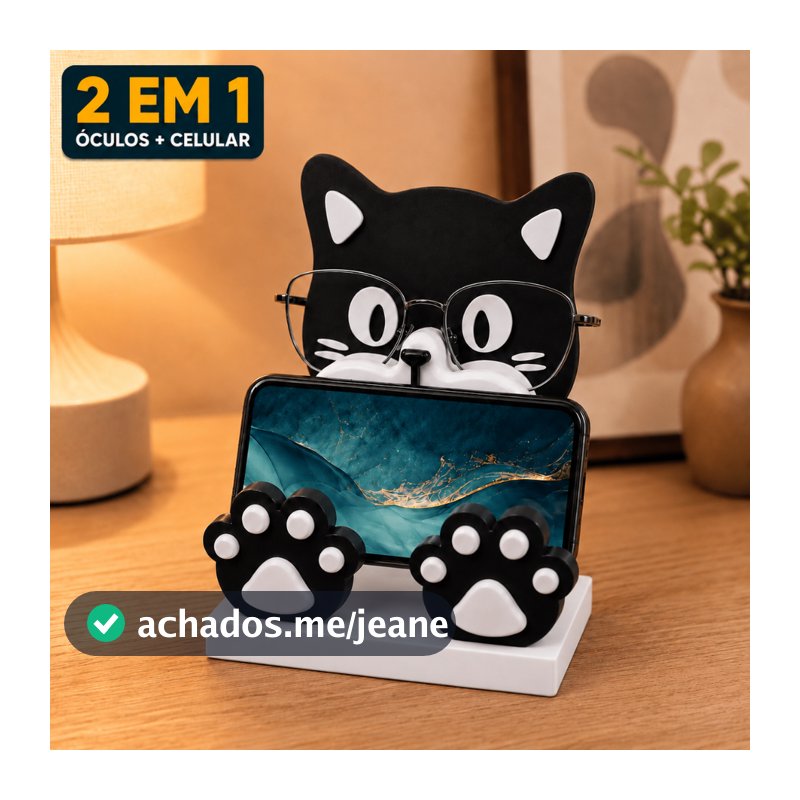Porta Óculos Suporte para Celular Gatinho 2 em 1 Organizador de Mesa Escritório Criado-Mudo Premium