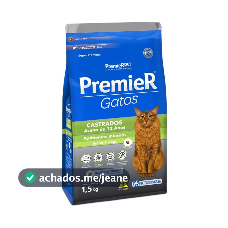 Ração Premier Gatos Castrados Acima 12 Anos Ambientes Internos Frango 1,5kg