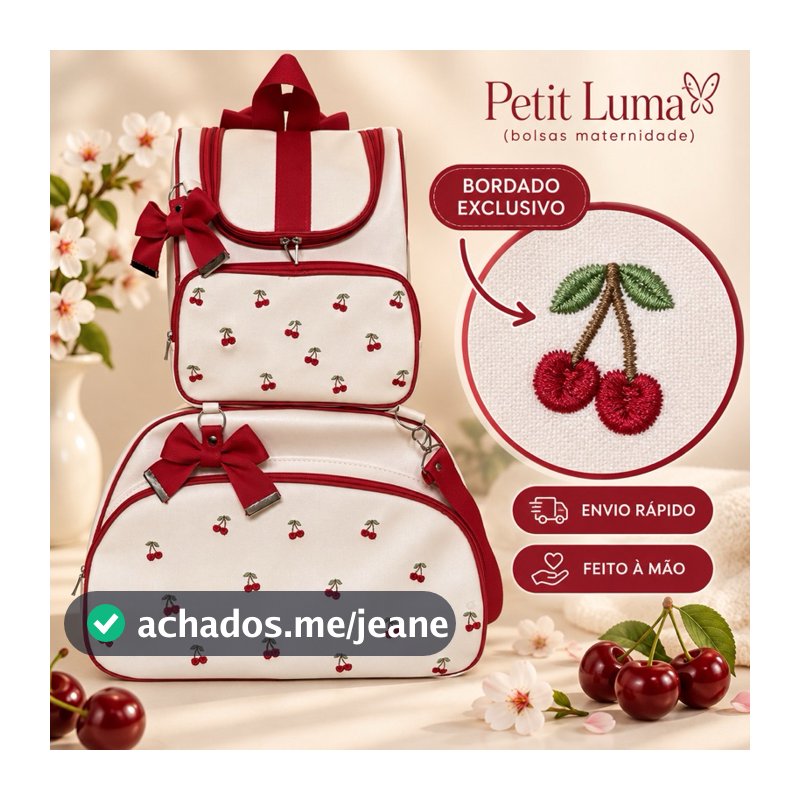 BOLSA MATERNIDADE LUXO MENINA VERMELHA BORDADO EXCLUSIVO CEREJA CEREJINHA 2 PEÇAS,GRANDE,IMPERMEÁVEL,PASSEIO,MAMÃE,BEBÊ