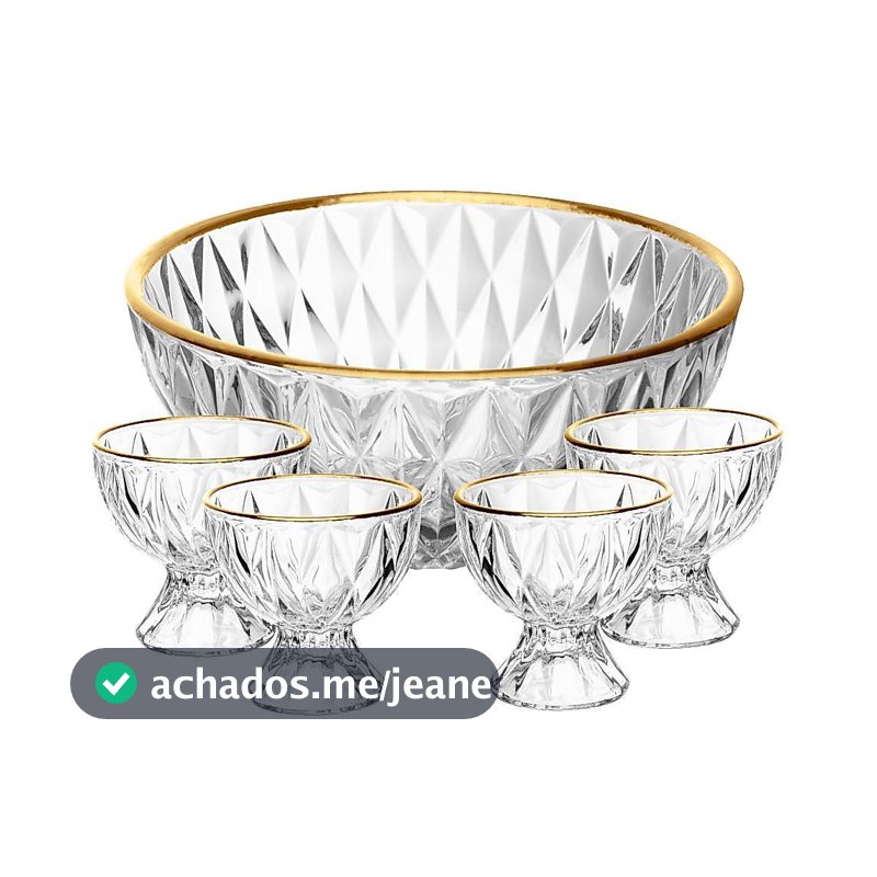 Conjunto 1 Bowl 1L e 4 Taças 120ml Diamond Lyor Cristal com Fio de Ouro para Sobremesas Doces Frutas Mousse Pavê 5 Peças
