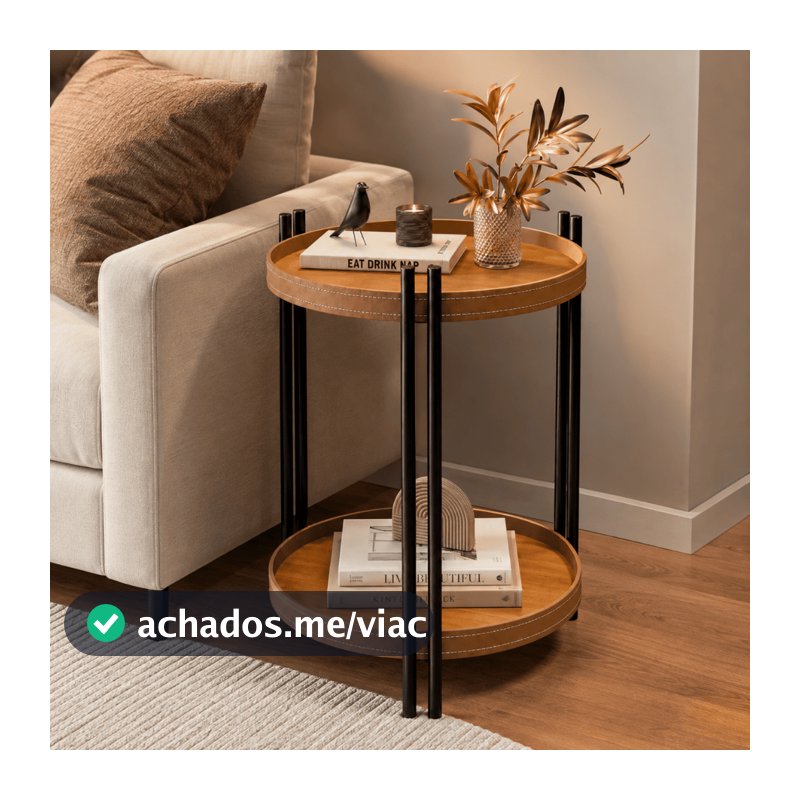 Mesa de Apoio Lateral Manhattan Redonda com Tampo Duplo Pés em Metal Acabamento em Couro