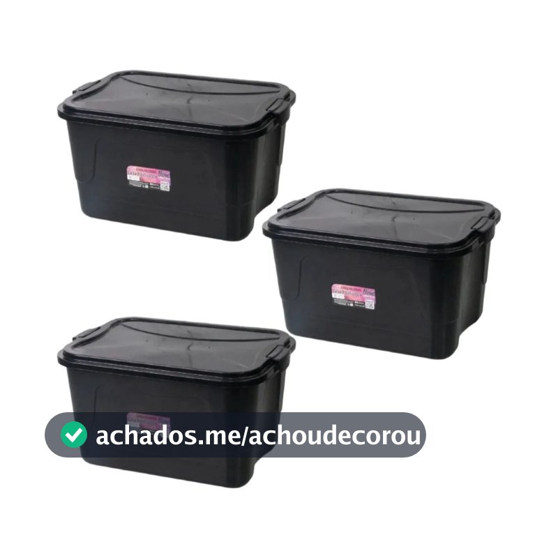Caixas Organizadora Plástica 15L Com Tampa e Trava Kit 3 Unidades Empilhável Multiuso