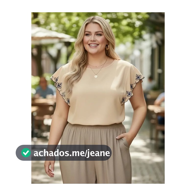 Blusa Feminina Plus Size Manga Curta Bordada Babado Tipo Japonesa
